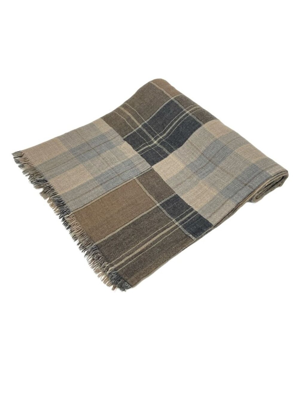 Brunello Cucinelli Shawl Dark Gray Dark Brown Multi Plaid Cashmere Silk Scarf